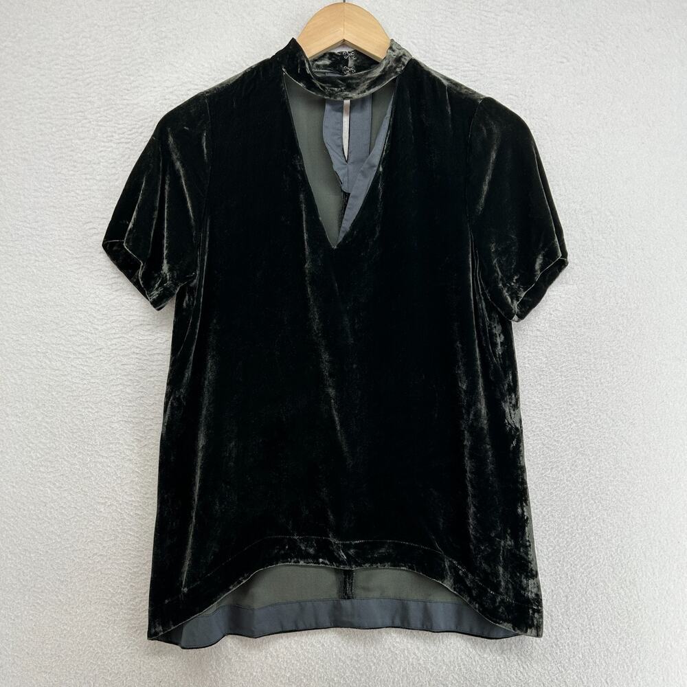MADEWELL Top Womens XXS Velvet Choker Cutout V-Neck Silk Blend Blouse Green